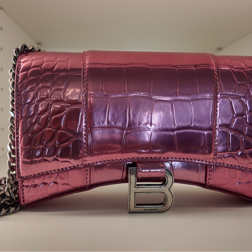 Balenciaga Metallic Pink Croc-Embossed Clutch